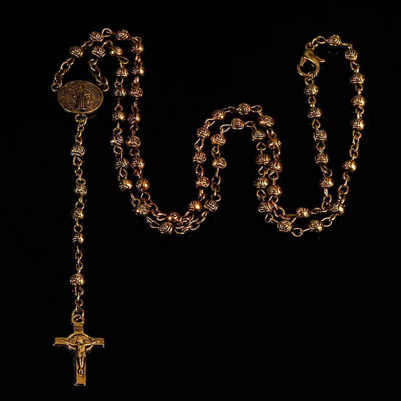 4mm edelstahl bead halskette, vintage gold rosenkranz kleine halskette, weibliche halskette Jesus kreuz halskette.