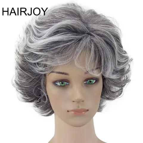 HAIRJOY 여성용 2톤 그레이 화이트 옹브레 합성 짧은 레이어드 곱슬 머리 앞머리 스타일 내열성 섬유