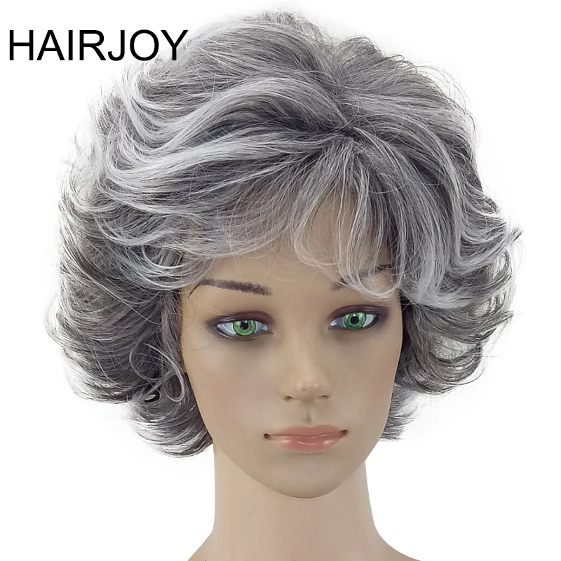 HAIRJOY 여성용 합성 짧은 레이어드 곱슬머리, 푹신한 앞머리, 내열성 섬유 소재, 2톤 그레이 화이트 옴브레 스타일