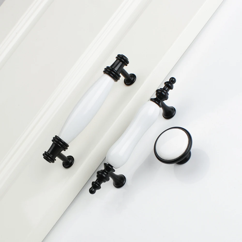 1PC Ceramic Door Handle Black+White Country Style Drawer Pulls Knob For Kitchen Cabinet Handles and Knobs Furniture Handles