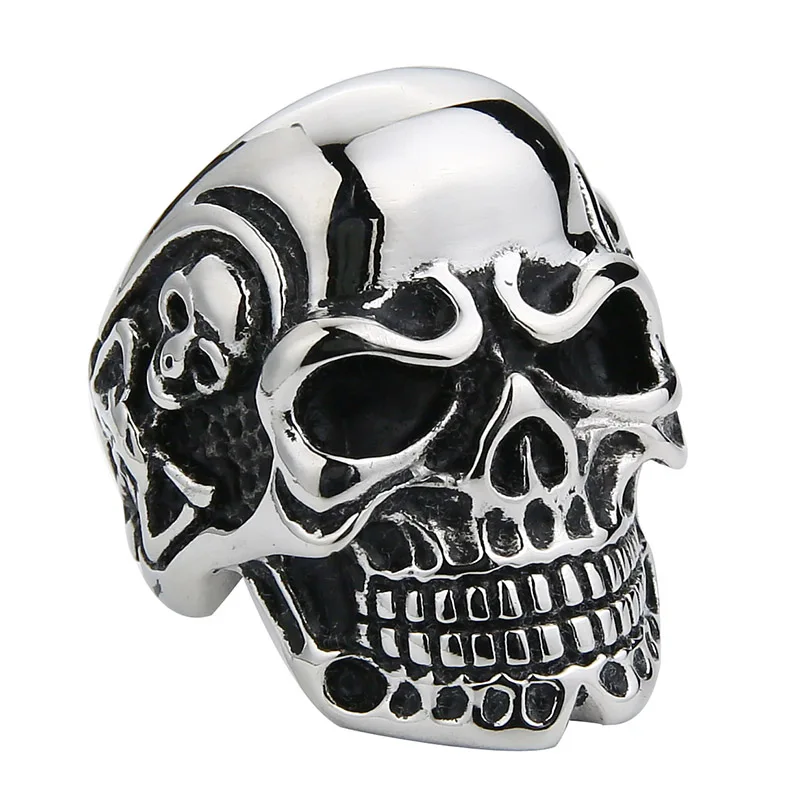 

Valily Jewelry Men's Black Skull Ring Stainless Steel Punk Gothic Biker Skull Bone Rings For Men Silver Black band ring Jewelry