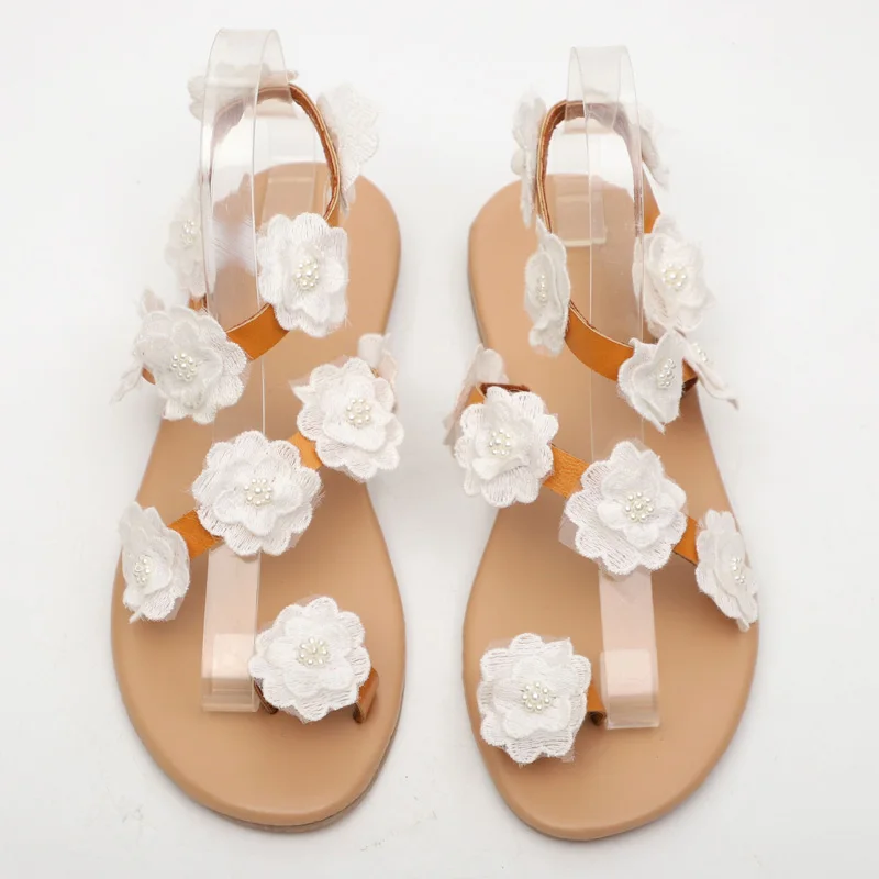 2023 New Summer Ladies Shoes Women Sandals White Flowers Flat Sandals Women Bohemian Casual Beach Shoes for Woman 42 43 WSH3390