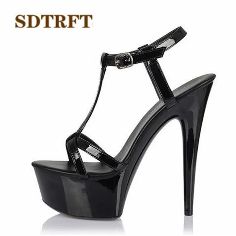 SDTRFT Plus:34-43 44 SUMMER Stilettos zapatos mujer Peep Toe sandals 15cm thin heels platform T-strap shoes woman wedding pumps