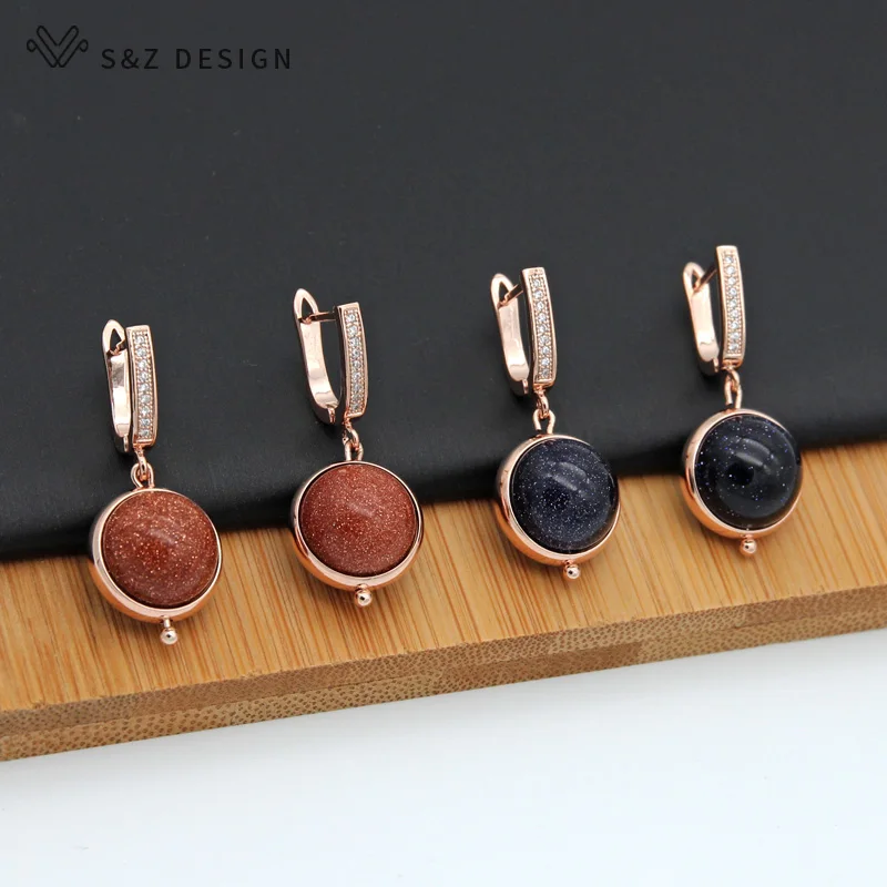 S&Z DESIGN New Trendy Zircon Natural Golden Sand Stone Drop Earrings For Women Fine 585 Rose Gold Color Fashion Jewelry