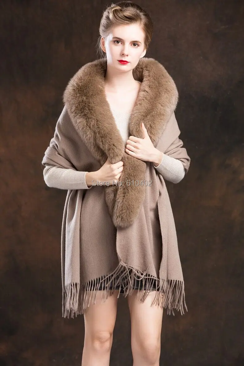 Elegant/100% Real Wool 100% Real  best  gray  Fox Fur  cape /Scarf /cloak /Coat//Wraps/Shawl/khaki