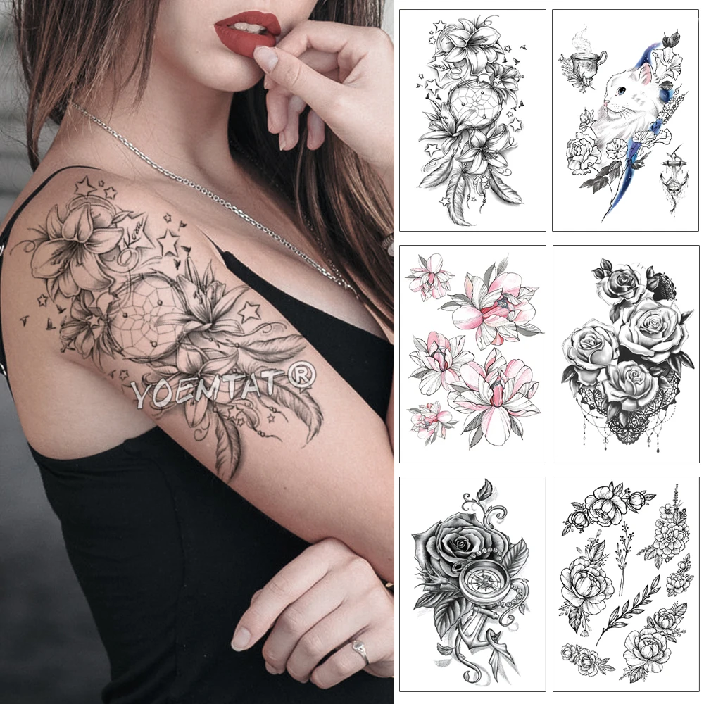 Autocollant de tatouage temporaire imperméable pour femme, faux tatouage, dentelle noire, étoiles, bras et dos, grand tatouage, art corporel, rose lys