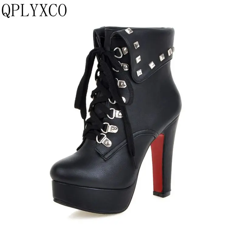 QPLYXCO 2017 Big Size 30-50 Russian Shoes New Short Boot Women With Zipper High Heels Shoes Woman Lace Up Ankle Boots X-6