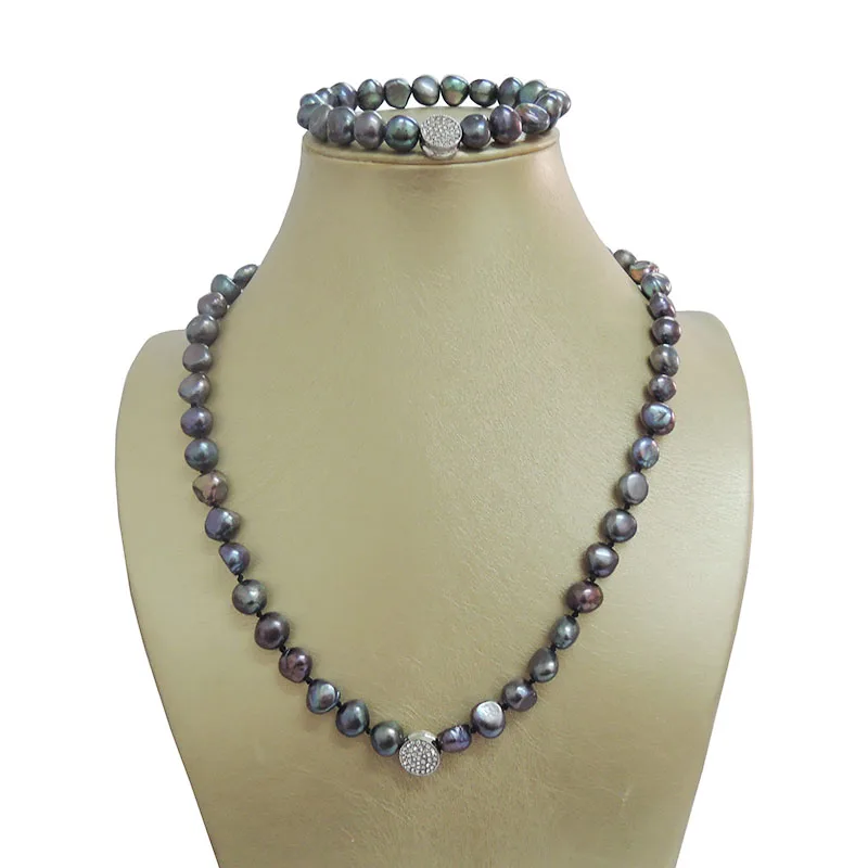 100% NATURE FRESHWATER PEARL JEWELRY SET  NECKLACE AND BRACELET-BAROQUE SHAPE IN BLACK COLOR PEARL WITH CRYSTAL ACCESSORIES