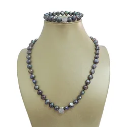 100% NATURE FRESHWATER PEARL JEWELRY SET  NECKLACE AND BRACELET-BAROQUE SHAPE IN BLACK COLOR PEARL WITH CRYSTAL ACCESSORIES