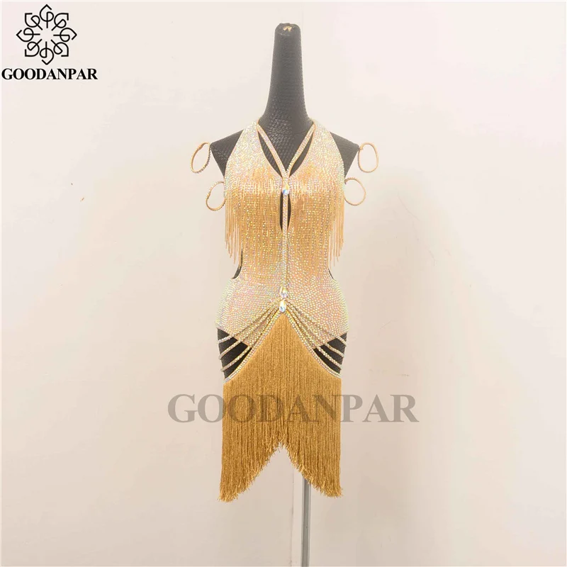 GOODANPAR Women Girls Fringe Bead Tube Lycra Latin Dance Dress Sleeveless Standard Samba Rumba Salsa Competition Costume