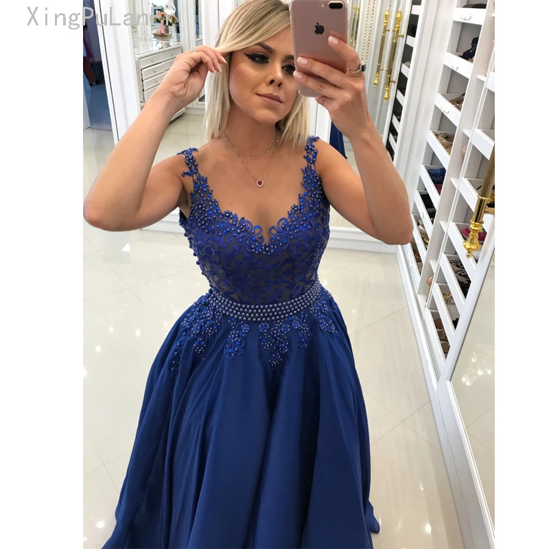 Sexy Een Lijn Parels Kant Applicaties Illusion Back Navy Blue Prom Dress 2019 Met Afneembare Trein Lange Vrouwen Avond Party jurk