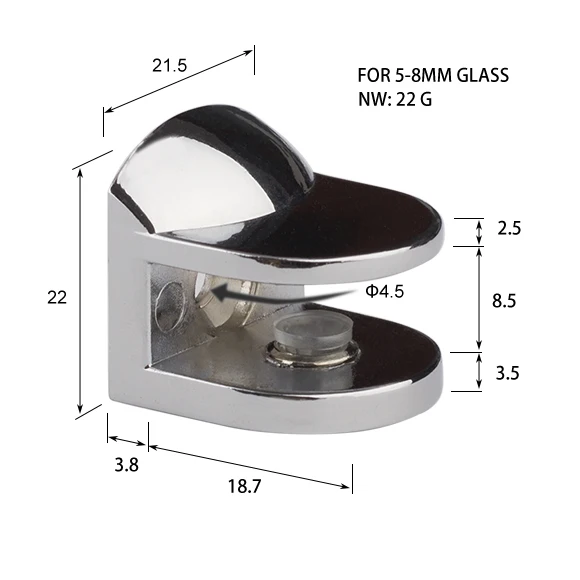 Zinc Alloy material Chrome color 5-8mm glass shelf support Heavy Duty glass holder with silicon bumper