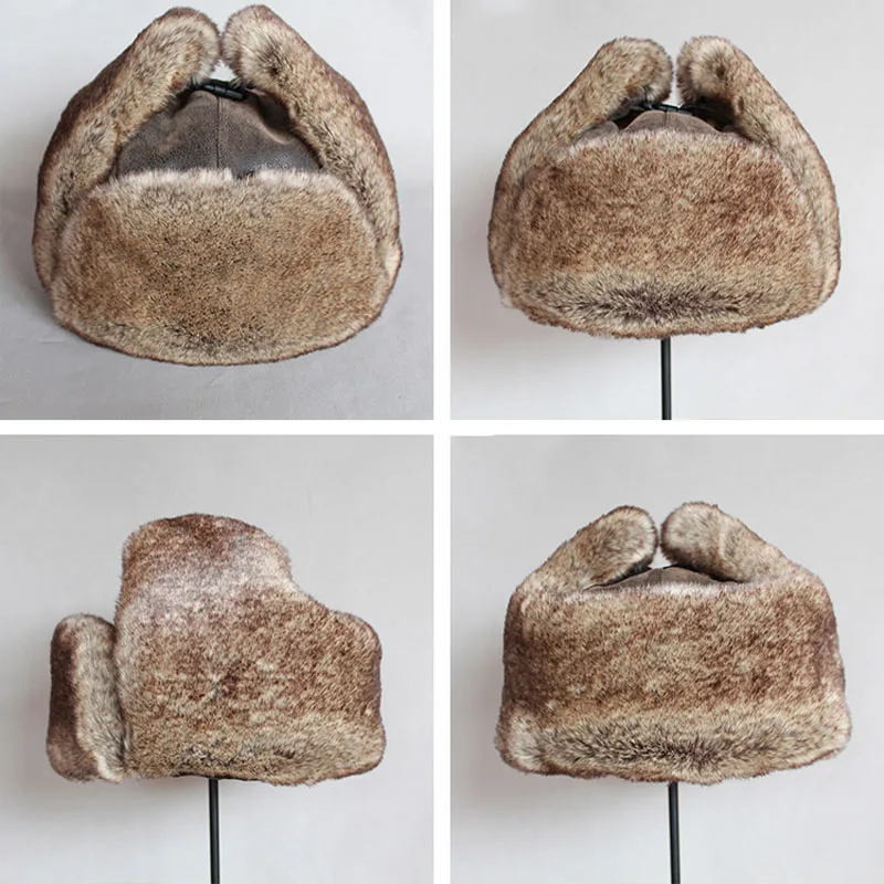 Sombreros de bombardero para hombres y mujeres, sombrero Ushanka ruso cálido con solapa para las orejas, piel sintética, gorra de cazador, orejeras, Invierno