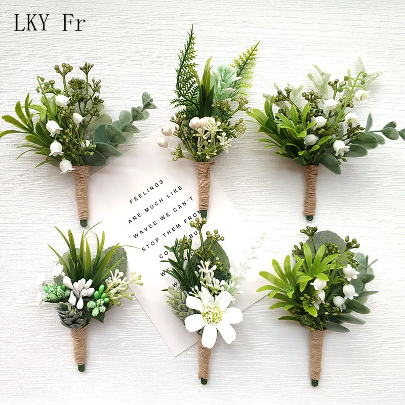 LKY Fr Boutonniere Corsage Pin ดอกไม้สีเขียวป่าแต่งงาน Boutonniere Buttonhole ผู้ชาย Planner แต่งงาน Corsages เข็มกลัด