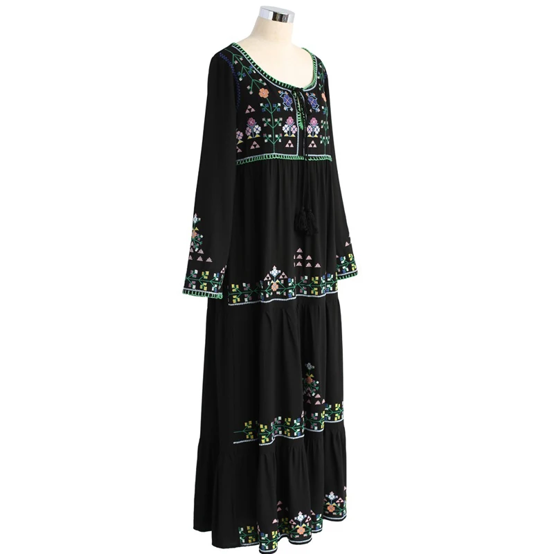 Black dress floral embroidered boho dress Vintage o-neck tassel long Sleeve dresses hippie long women dress brand clothing