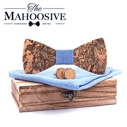 Original New Design Bowtie Natural Wooden bow tie Exquisite Hand Made Men Bow Tie cufflinks Wooden Gift Box Set
