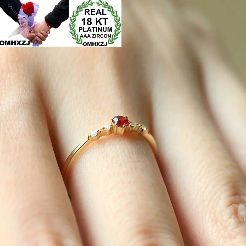 OMHXZJ Wholesale European Fashion Woman Girl Party Wedding Gift Slim White Red AAA Zircon 18KT Yellow Gold Ring RR749