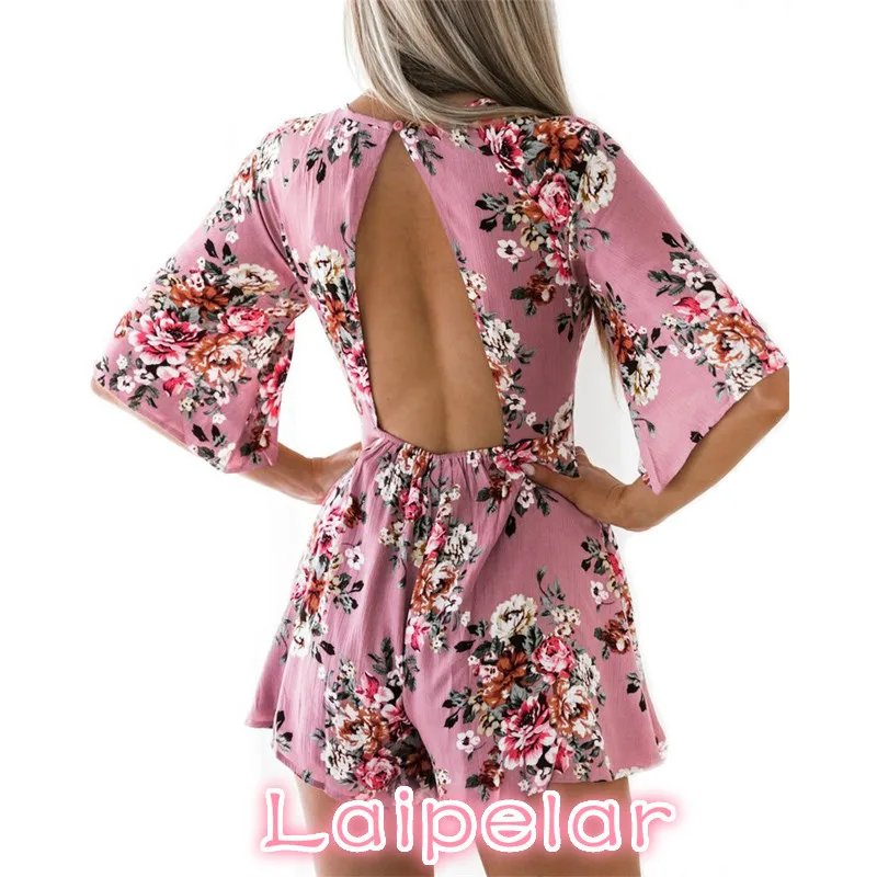 

Summer Boho Style Women Rompers Floral Print Beach Playsuits Sexy Backless Jumpsuit Female Short Chiffon Jumpsuit Overalls