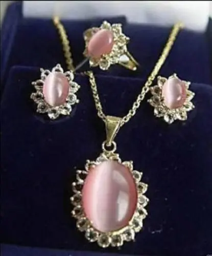 

Women's Jewelry pink cat- eyes opal ring earrings necklace set