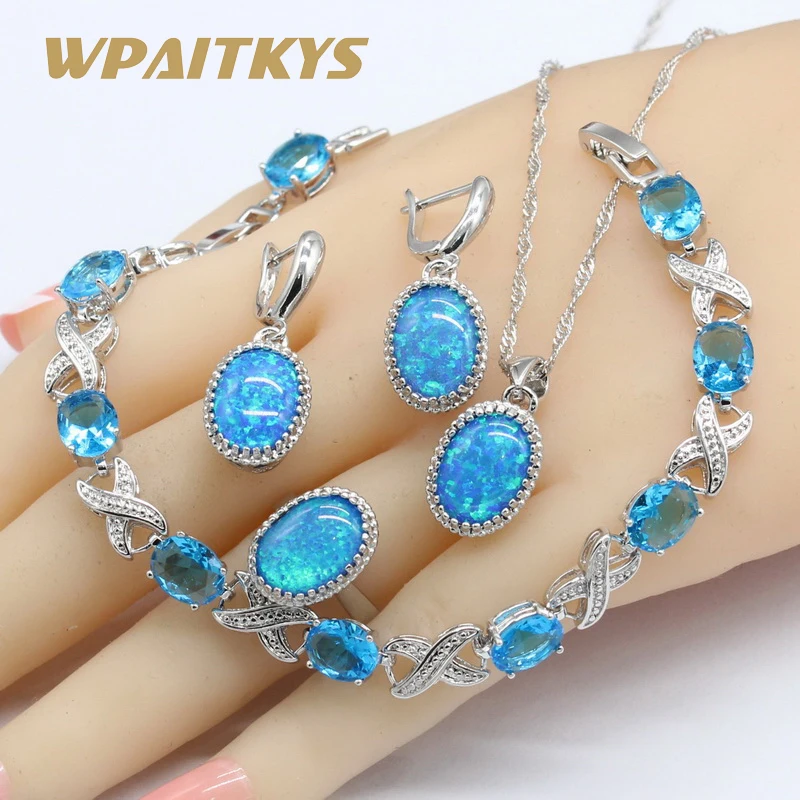 Silver 925 Oval Australia Blue Opal Jewelry Sets For Women Necklace Pendant Earrings Rings Bracelets