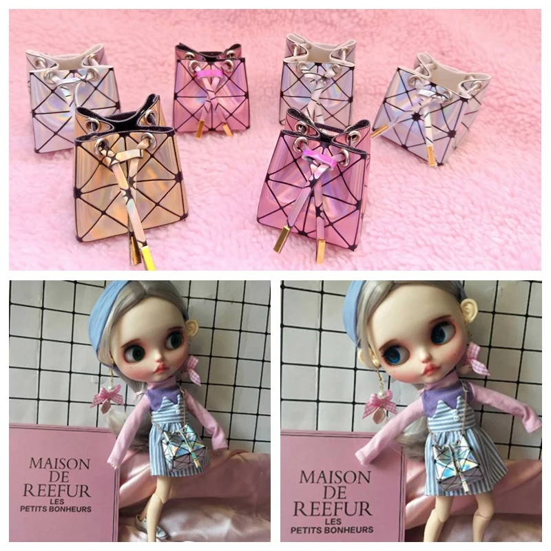 1pcs 4.5cm Fashion Dolls Handbag Pink Gold Plaid laser Bag for blyth OB24 licca 1/6 bjd dolls Accessories bags for dolls