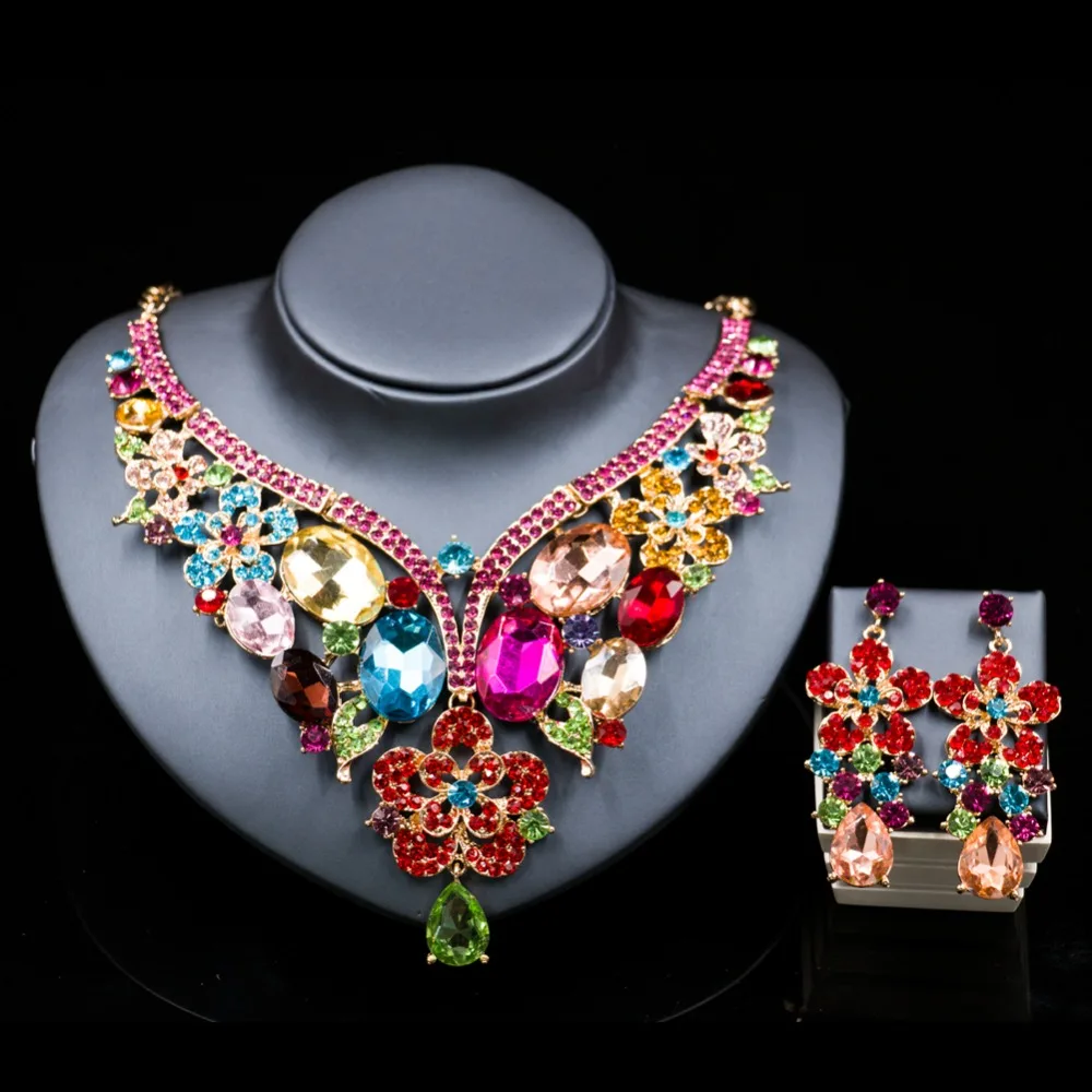 Lan palace  african jewelry sets gold color  dubai Glass Rhinestone  necklace and earrings for wedding six colors  free shipping