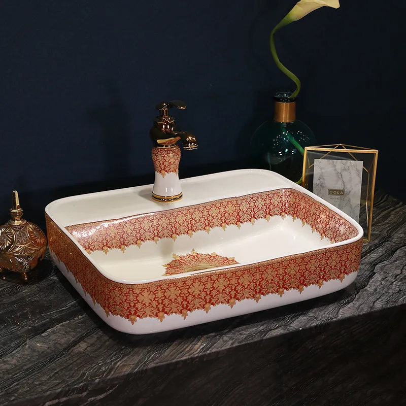 Europe style luxury bathroom vanities chinese Jingdezhen Art Counter Top ceramic type wash basin rectangular