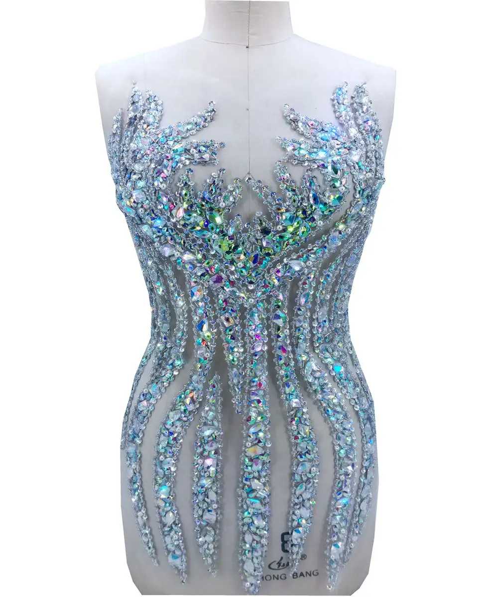 handmade sew on clear AB colour rhinestones applique on mesh sequins beads trim patches 65*34cm for dress DIY accessories