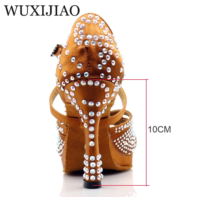 WUXIJIAO New Women Waterproof platform Satin Latin Dance Shoes Rhinestone Salsa Ballroom Dance Shoes Colors bronze