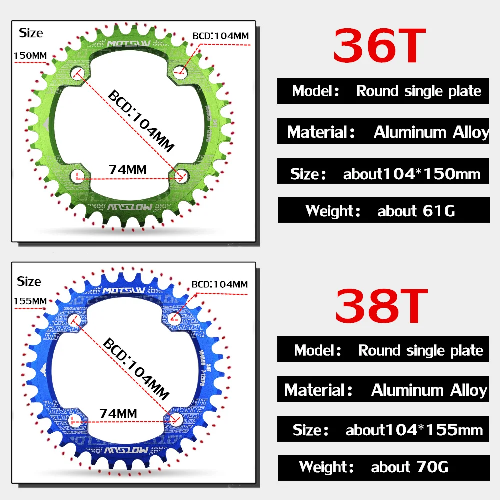 MOTSUV Rundes schmales breites Kettenblatt MTB Mountainbike Fahrrad 104BCD 32T 34T 36T 38T Kurbelgarnitur Zahnplatte Teile 104 BCD