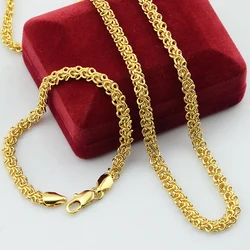 Fashion Long Men Women Unisex Jewelry Set Yellow Gold Color Chain Necklace Bracelets Set  Helix Style