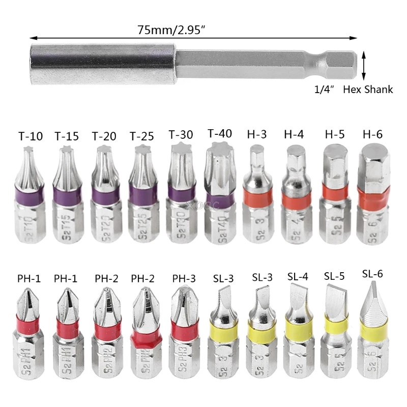 20Pcs/Set Torx Flat Hex Screwdriver Bit Set PH Head Color Coded with Magnetic Holder A25 dropshipping