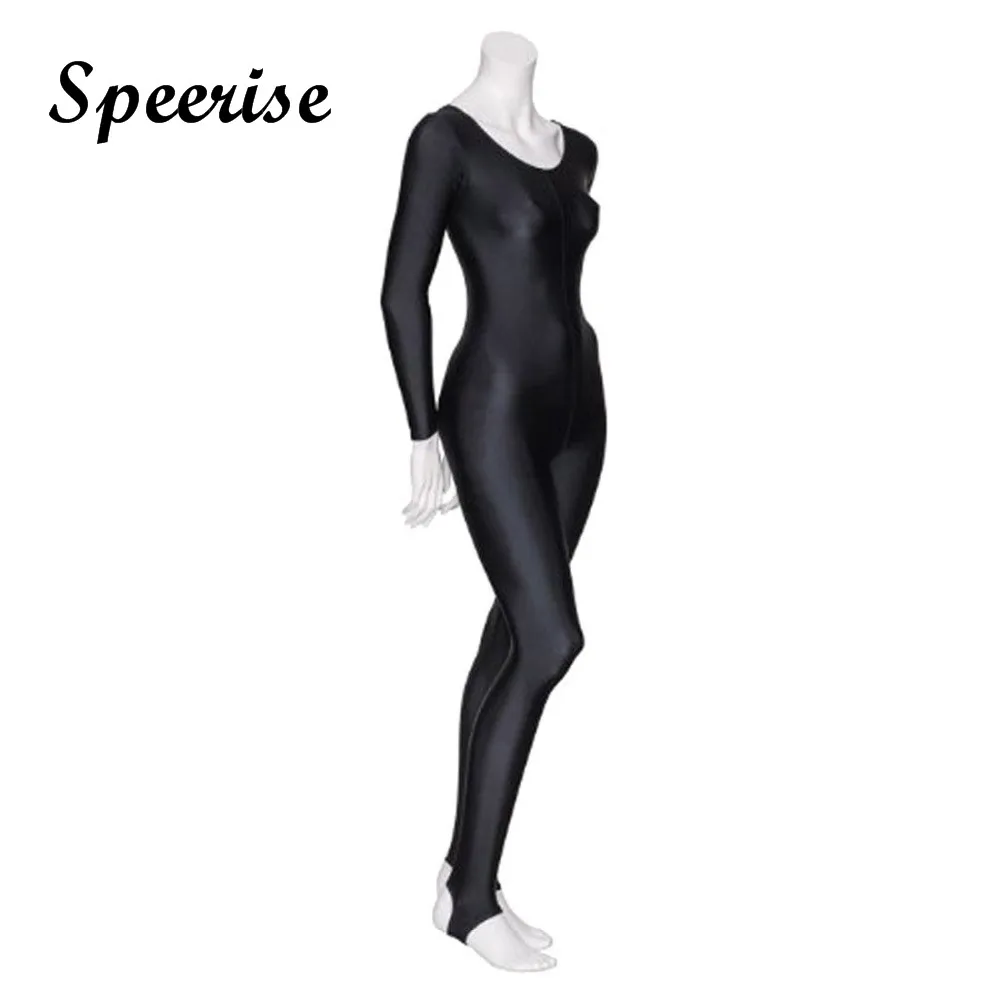 Womens Long Sleeve Unitard Stirrups Full Body Black  Gymnastics Bodysuit Adult Spandex Ballet Dance Suit Costumes