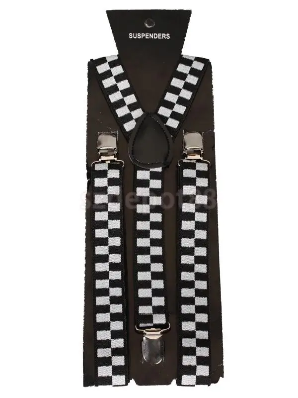 New 2014 Brand New Black and White Checkered Clip-on Braces Elastic Y-back Suspender 37 x 15/16 inch