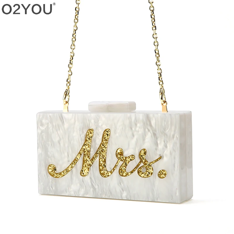 Fashion Customized Acrylic Box Clutches Lady Beach Party Handbag Pearl White With Silver Glitter Or Gold Glitter Name Mrs Letter