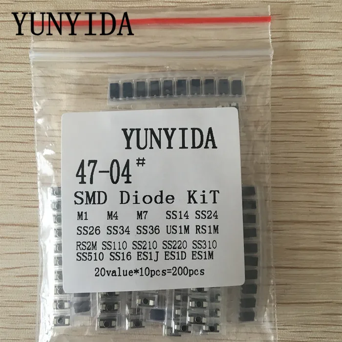 Kit surtido de diodos SMD, 20 valores x 10 unidades, contiene SS110, SS220, SS210, SS310, SS510, SS16, SS26, SS34, SS36, ES1J, ES1D, M7, M4, US1M,