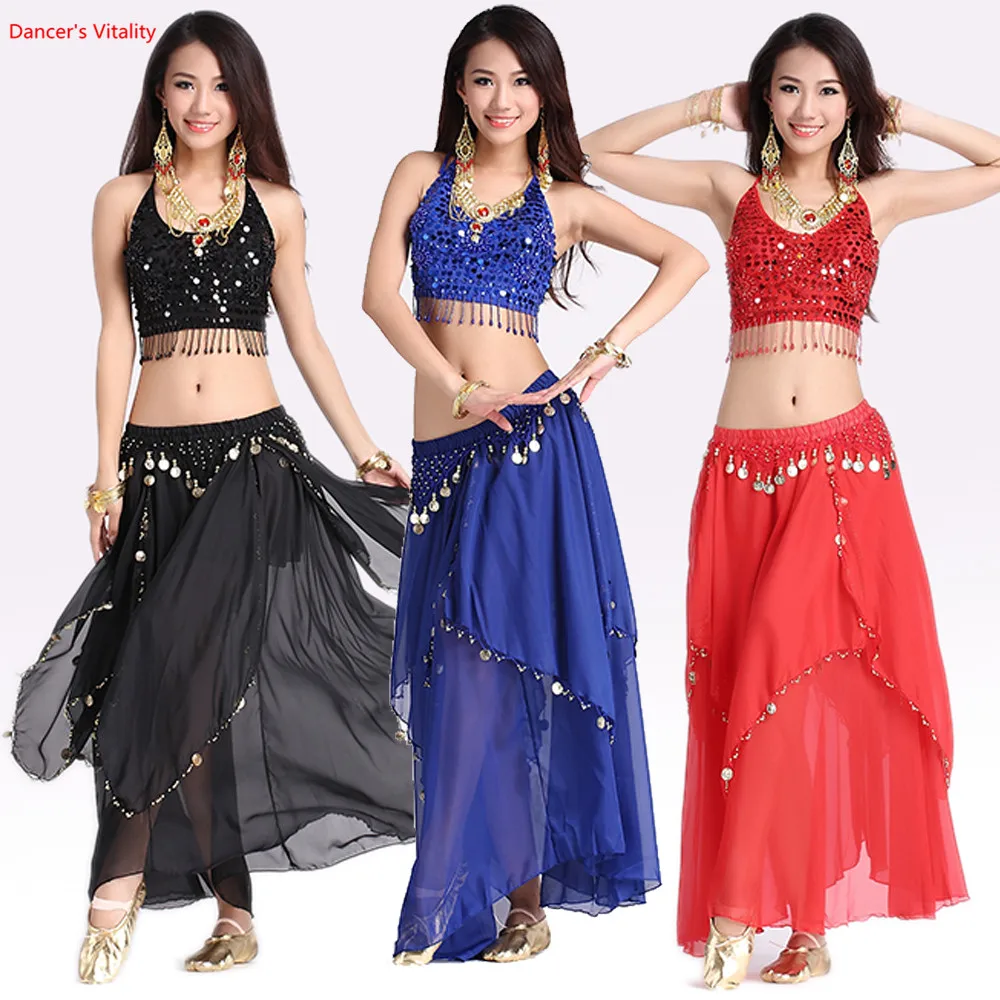 Women belly dacing clothing 5 flowers top+gold coins skirt 2pcs belly dance suit for lady belly dance clothes