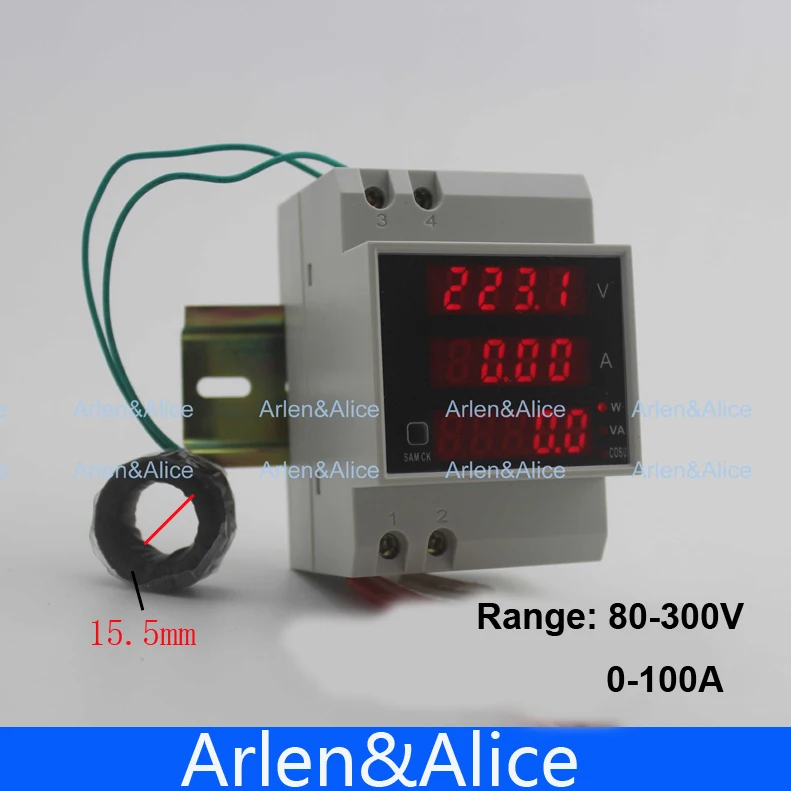 Din rail voltmeter ammeter 80-300V 0-100.0A display active and Apparent power factor With extra CT Current Transformer