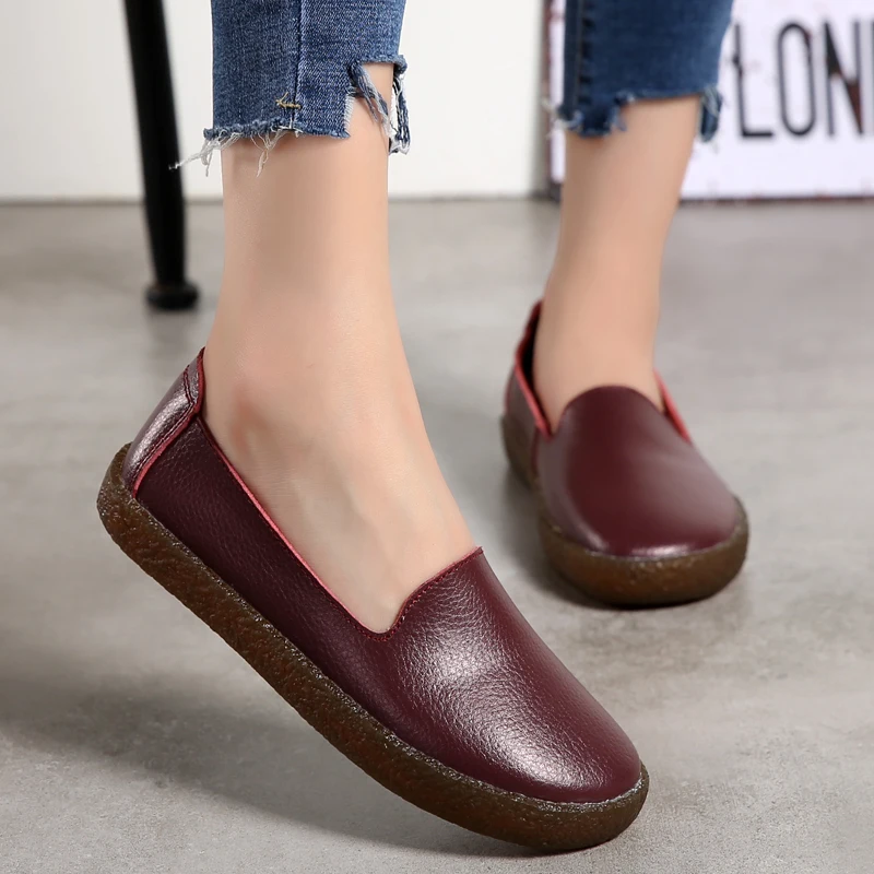 Autumn Flats Women Shoes Loafers Genuine Leather Women Flats Slip On Women\'s Loafers Female Moccasins Shoes Plus Size 35-43