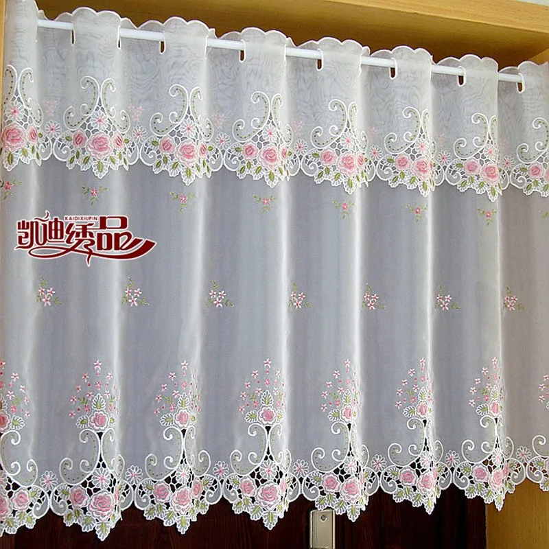 Countryside Half-curtain Embroidered Tulle Valance Light Shading Coffee Curtain for Kitchen for Cabinet Door A-105
