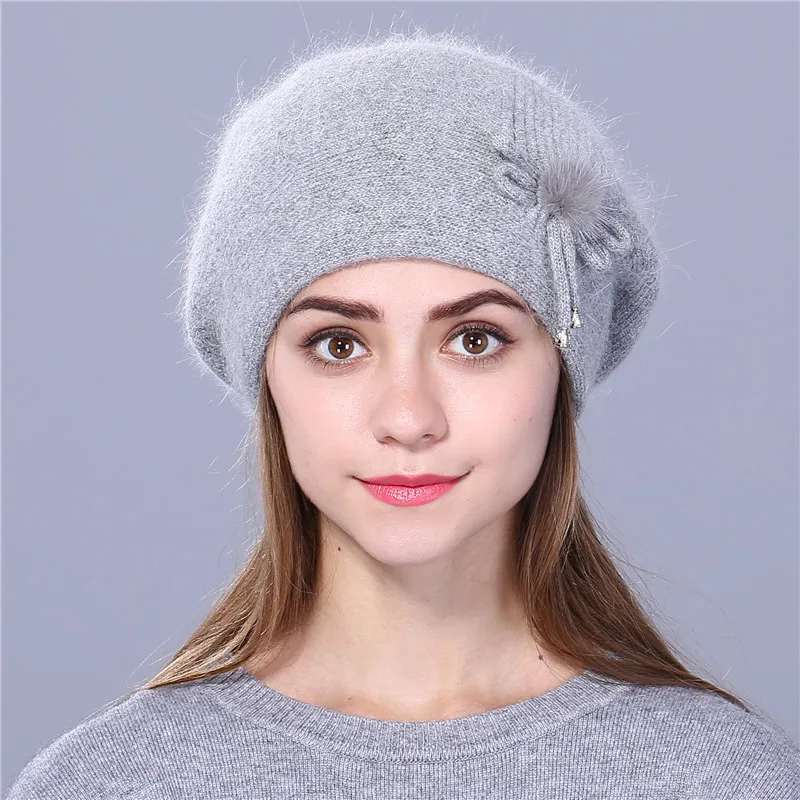 Xthree Winter Beret Hat for Women Knitted Hat Rabbit fur Beret for Girl Solid Colors Fashion Lady Cap Good Quality