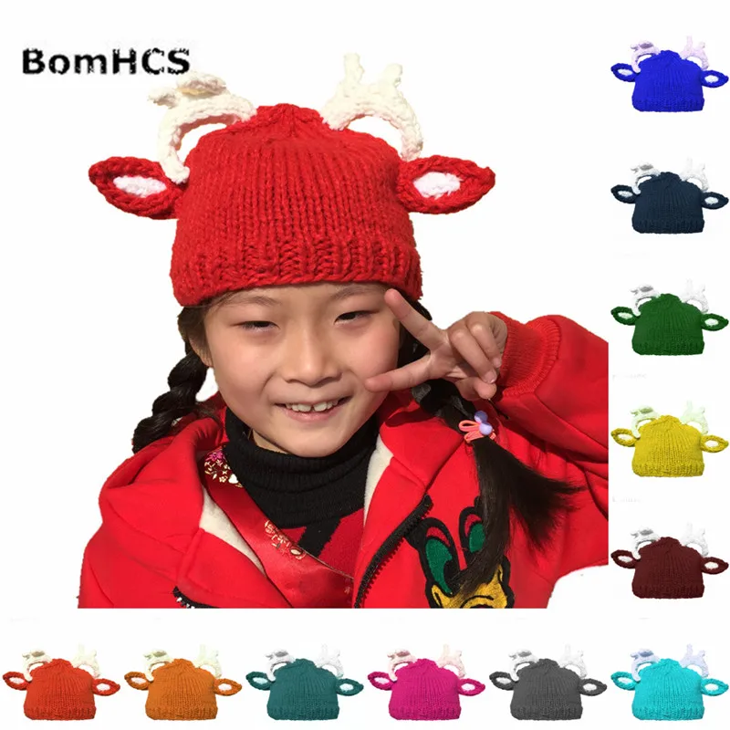 

BomHCS Cute Fawn Beanie Deer Antler Funny Hat Handmade Knitted Winter Thick Cap Gift