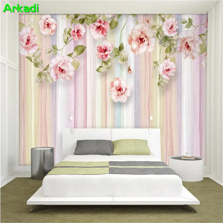 

Custom 3D photo hand-painted living room wallpaper simple European vertical bar floral TV background mural fresh bedroom wall