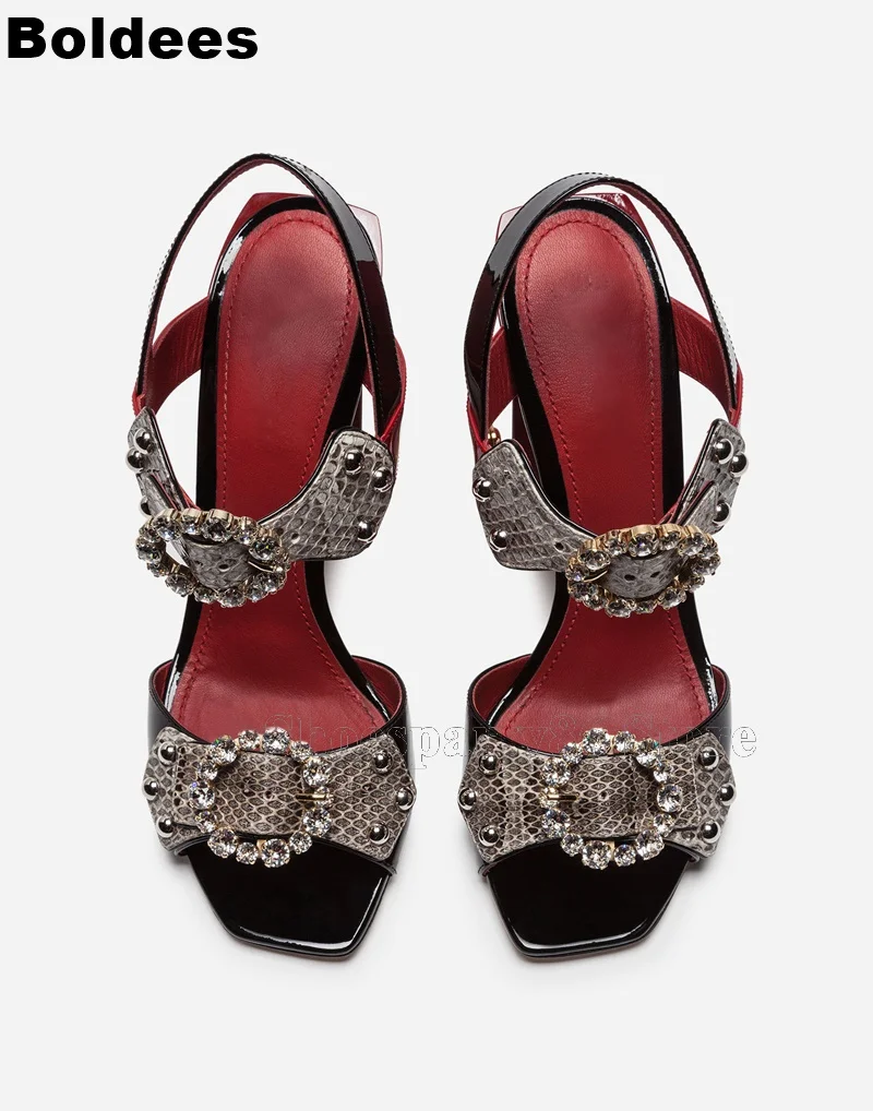 Top Quality Royal Court Designer Vintage Crystal Jewel Designer Belt Buckle Snakeskin Pattern Block High Heel Women Sandals