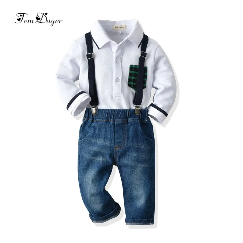 

Autumn Kids Clothes 2PCS Boys Fashion Long Sleeve Shirt and Denim Overalls Casual Suit Hot Sale New 2019 Casual Boy Clothing Set