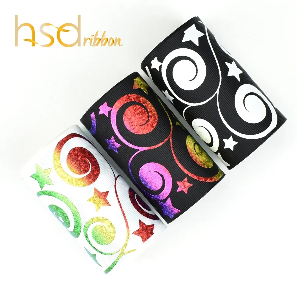 

HSDRibbon 3" 75mm holographic classic series Foil ink Printed on Black White Grosgrain Ribbon