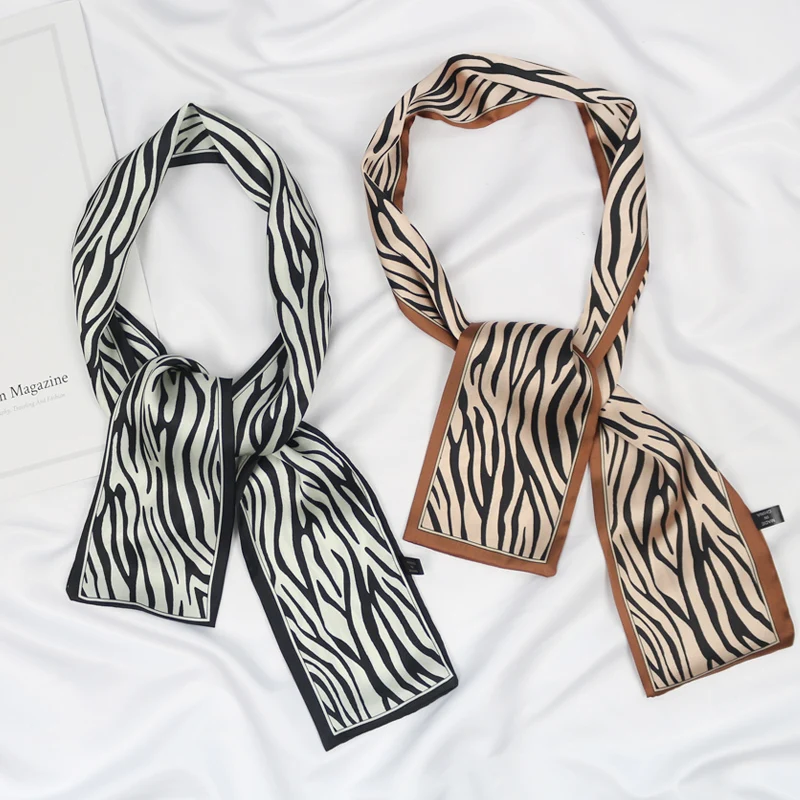 

women zebra printed bag decoration long hair neck tie headband small narrow satin silk ribbon neckerchief skinny scarf