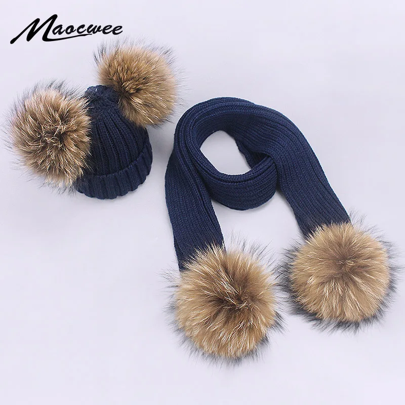 2 Pieces Set Children Winter Hat Scarf For Girls Boys Real Natural Raccoon Fur Pom Pom Beanies Kids Cap Knitted Hats Wholesale