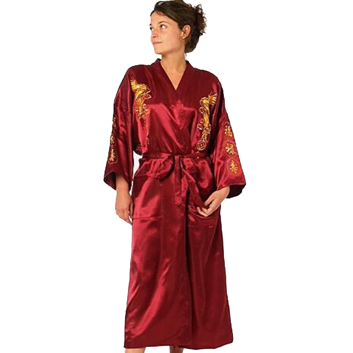 Abito da accappatoio Kimono drago ricamato in seta bordeaux abito da donna Sexy in raso abito da notte lungo taglia S M L XL XXL XXXL BR040