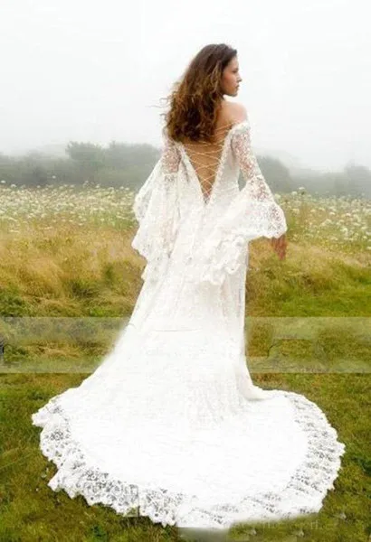 Gothic Celtic Wedding Dress Vintage Lace Bell Sleeve Lace Up Corset Medieval Bridal Gown Vintage Retro Bride 50's Gown image 3